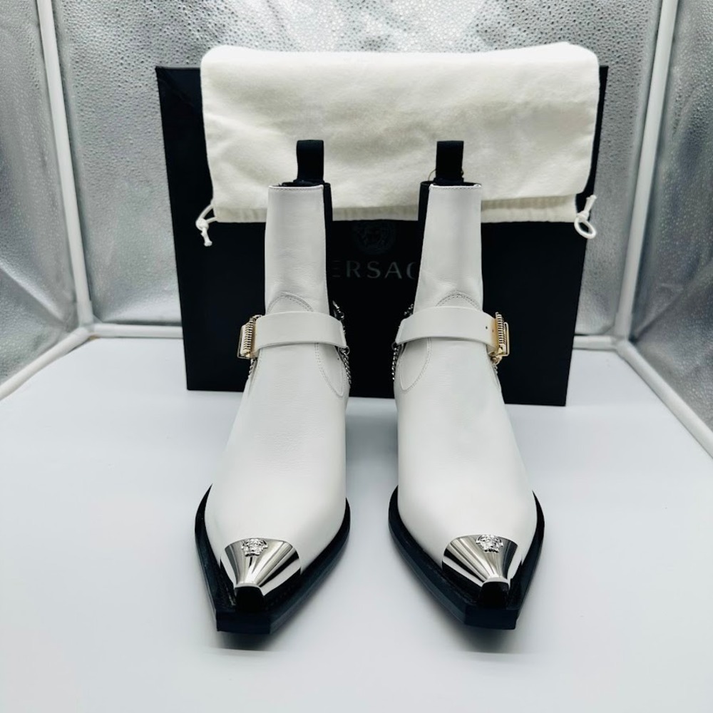 Versace White Leather Medusa Harness Ankle Boots Womens 39.5 IT 9.5 US New